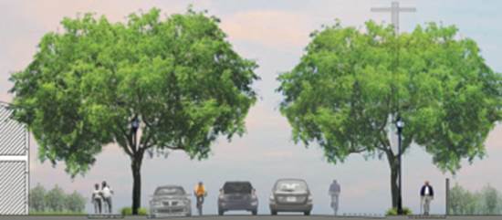 Artist rendering of aesthetic and functional improvements for pedestrian and bicycle traffic along Nevin Avenue between the Civic Center and BART station. (Courtesy: Richmond Community Redevelopment)